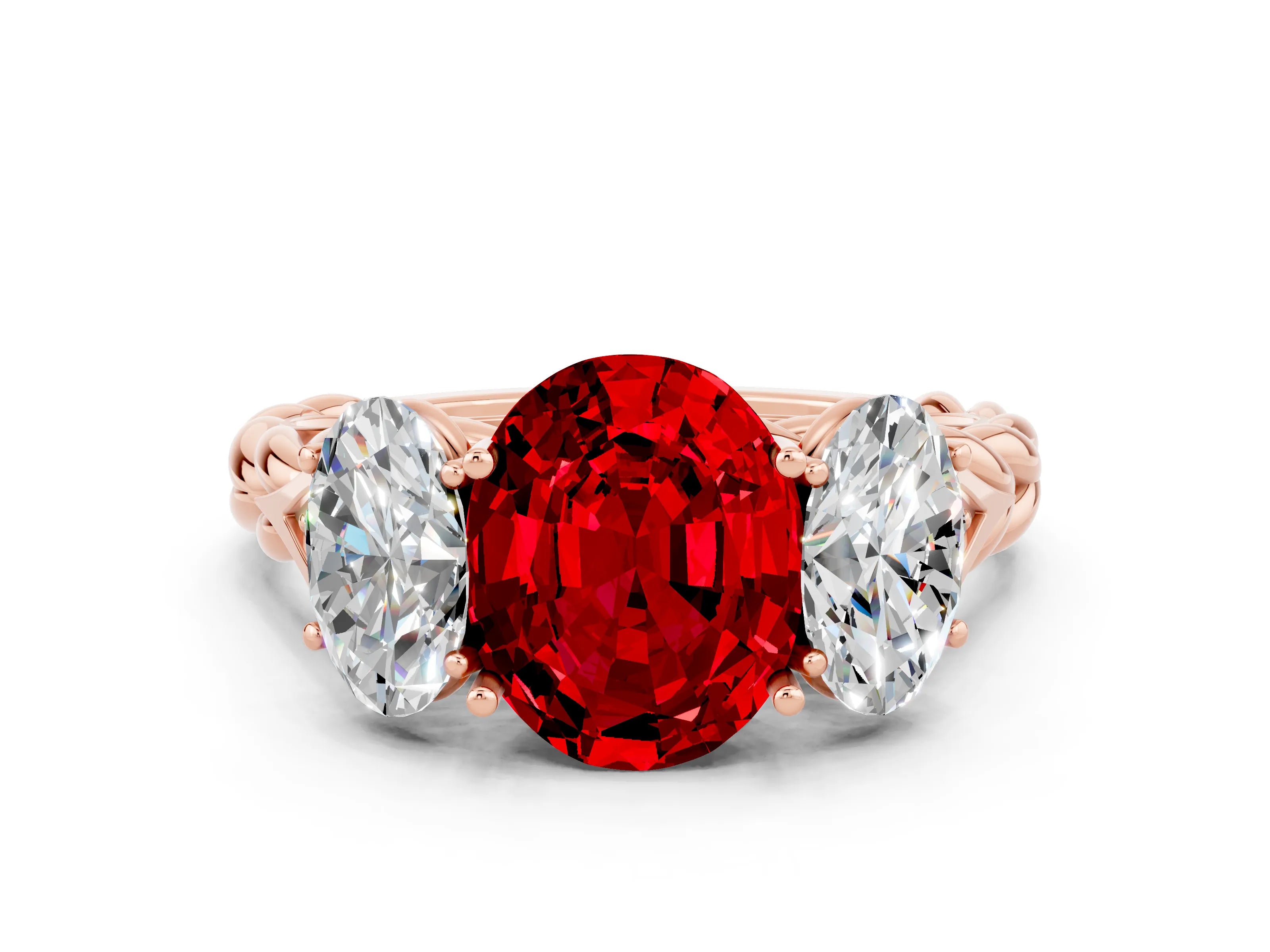 Rose gold Three-Stone Oval Cut Ruby Braided Band Ring with Four-Prong Setting_12