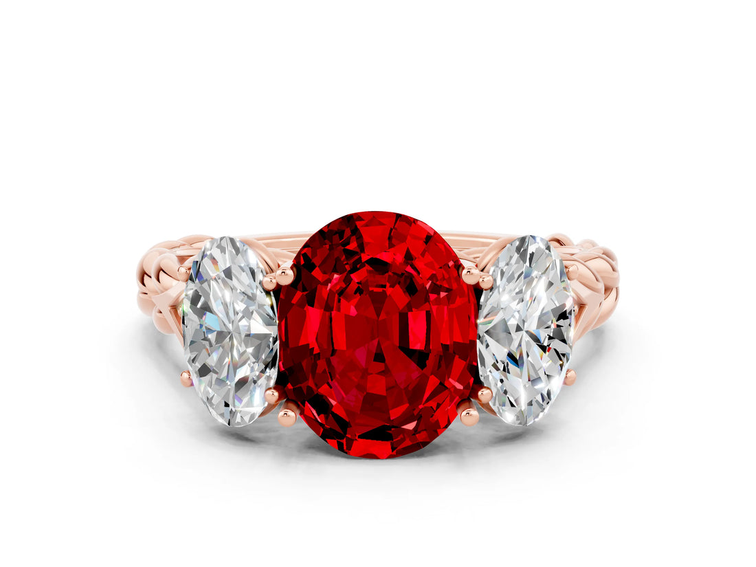 Rose gold Three-Stone Oval Cut Ruby Braided Band Ring with Four-Prong Setting_12