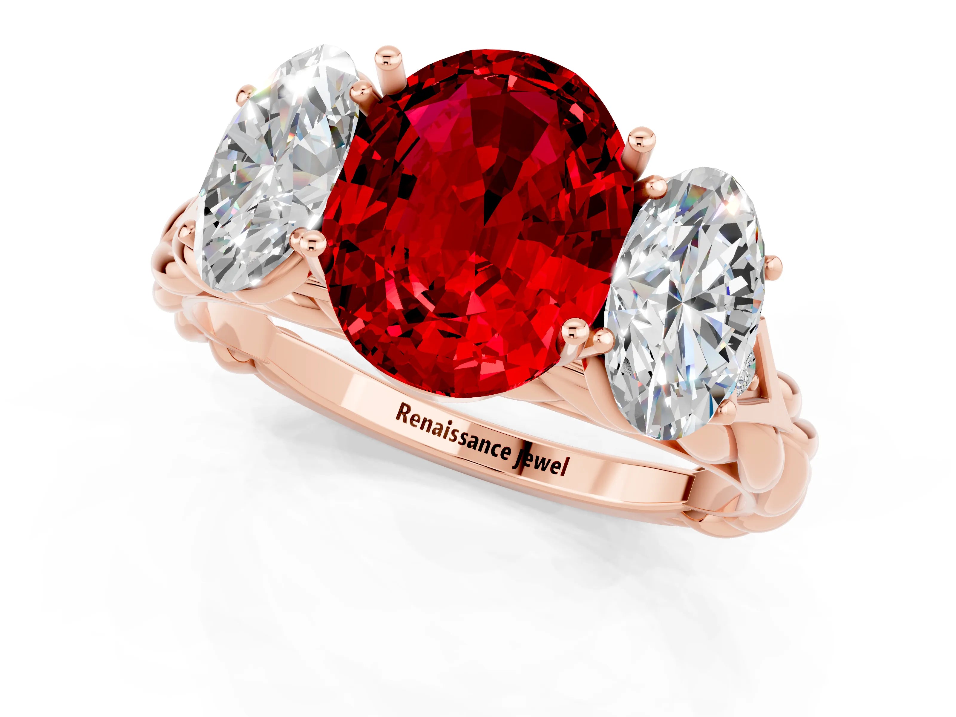 Rose gold Three-Stone Oval Cut Ruby Braided Band Ring with Four-Prong Setting_13