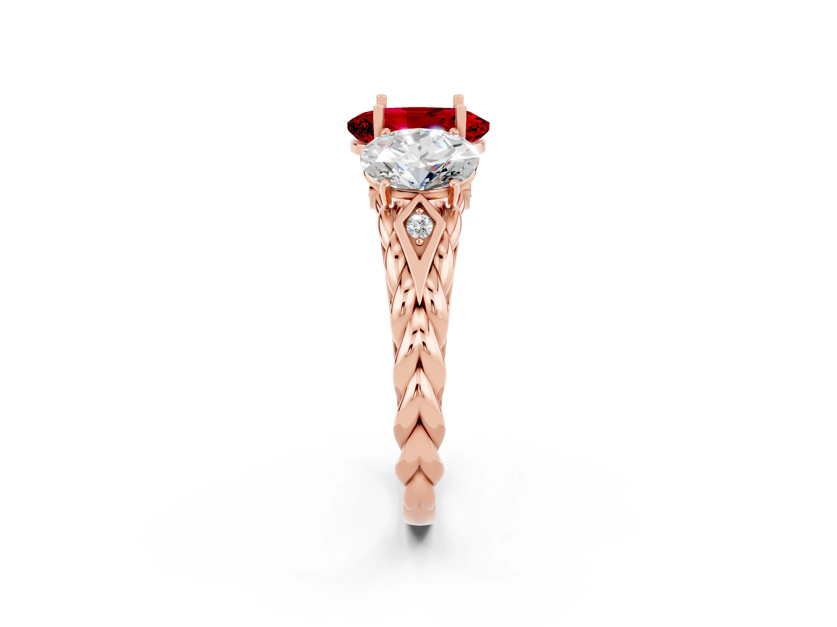 Rose gold Three-Stone Oval Cut Ruby Braided Band Ring with Four-Prong Setting_14