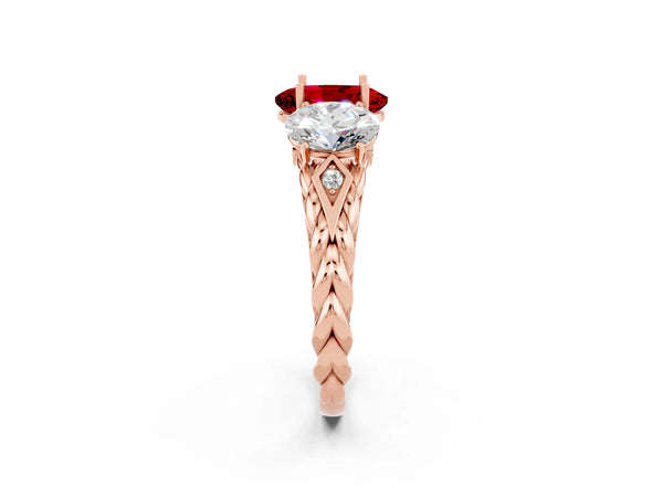 Rose gold Three-Stone Oval Cut Ruby Braided Band Ring with Four-Prong Setting