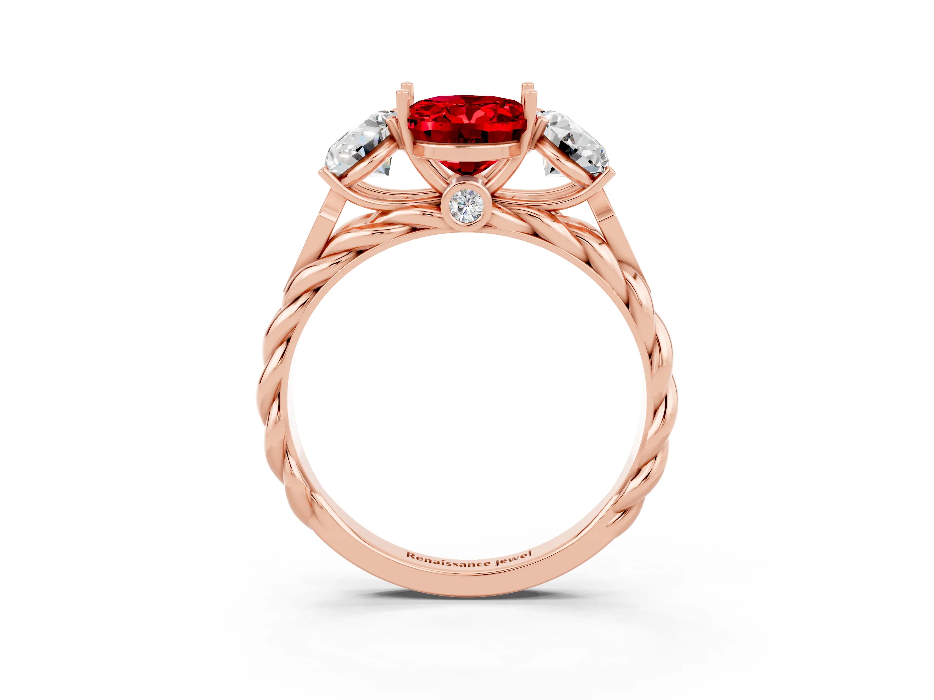 Rose gold Three-Stone Oval Cut Ruby Braided Band Ring with Four-Prong Setting_15