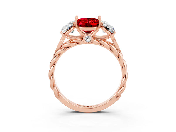 Rose gold Three-Stone Oval Cut Ruby Braided Band Ring with Four-Prong Setting