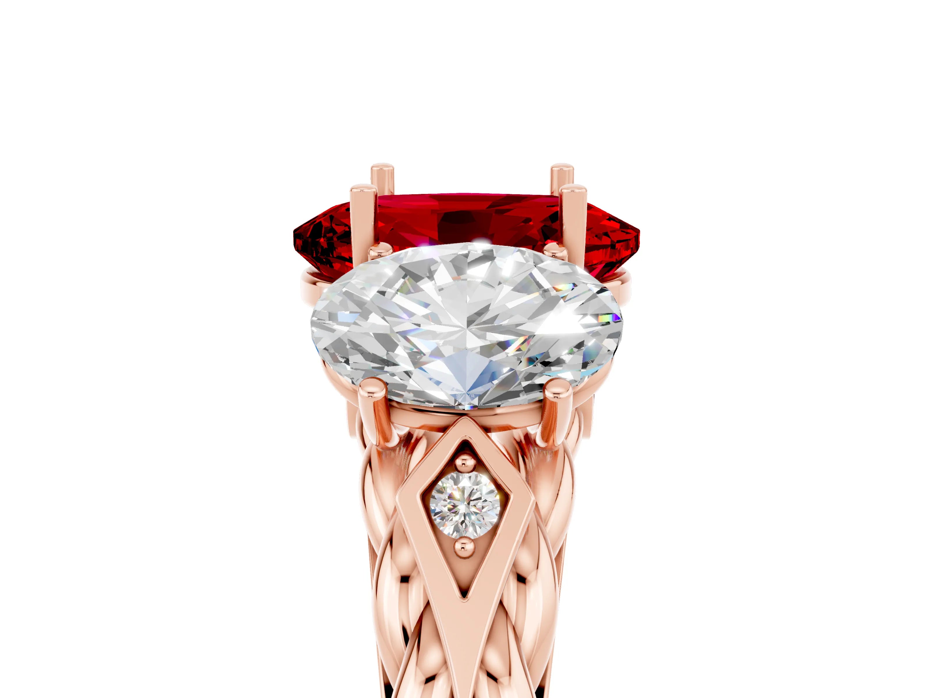 Rose gold Three-Stone Oval Cut Ruby Braided Band Ring with Four-Prong Setting_17