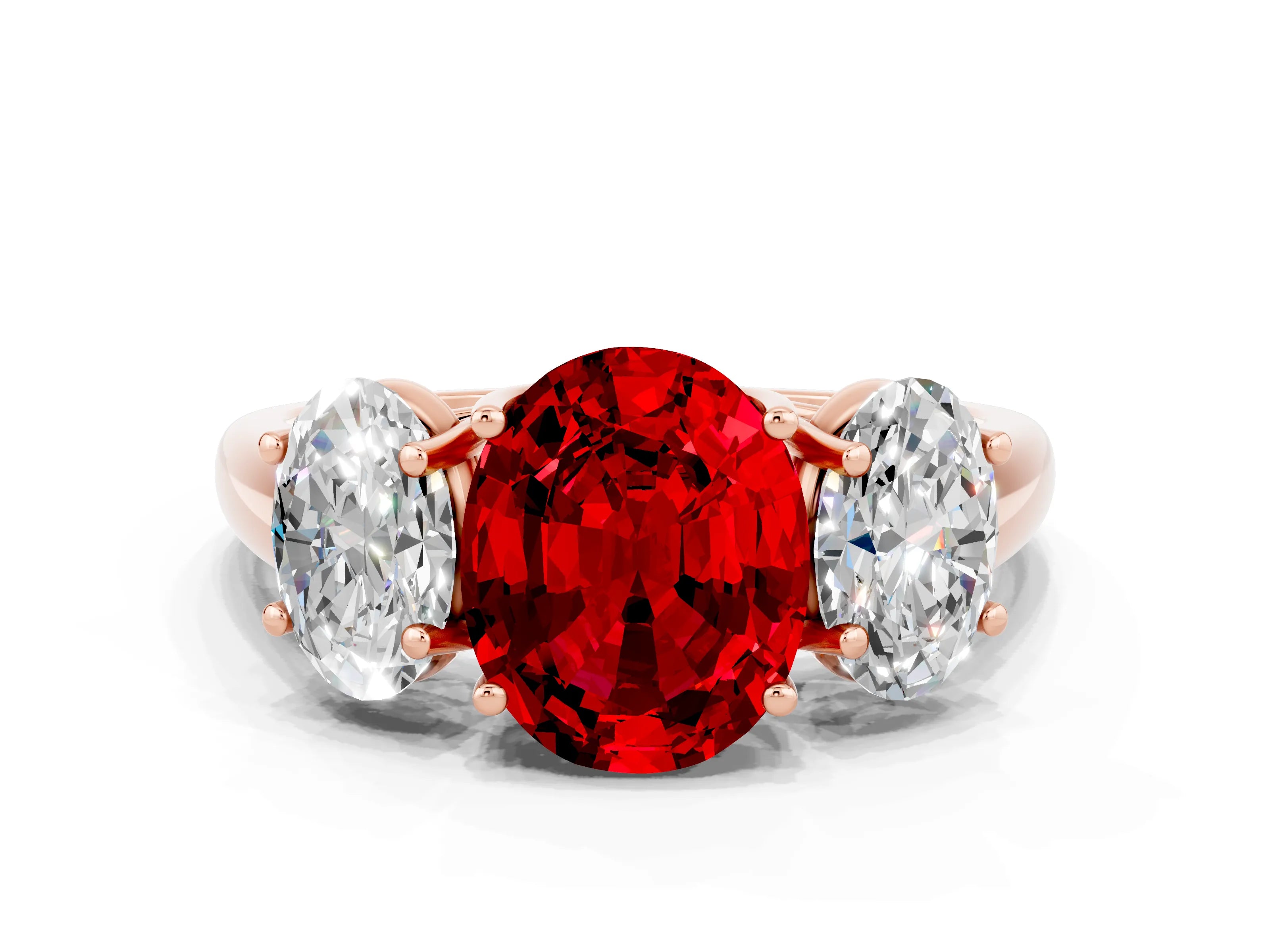 Rose gold Three-Stone Oval Cut Ruby Engagement Ring with Prong Setting