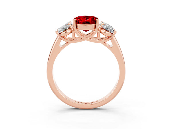 Rose gold Three-Stone Oval Cut Ruby Engagement Ring with Prong Setting