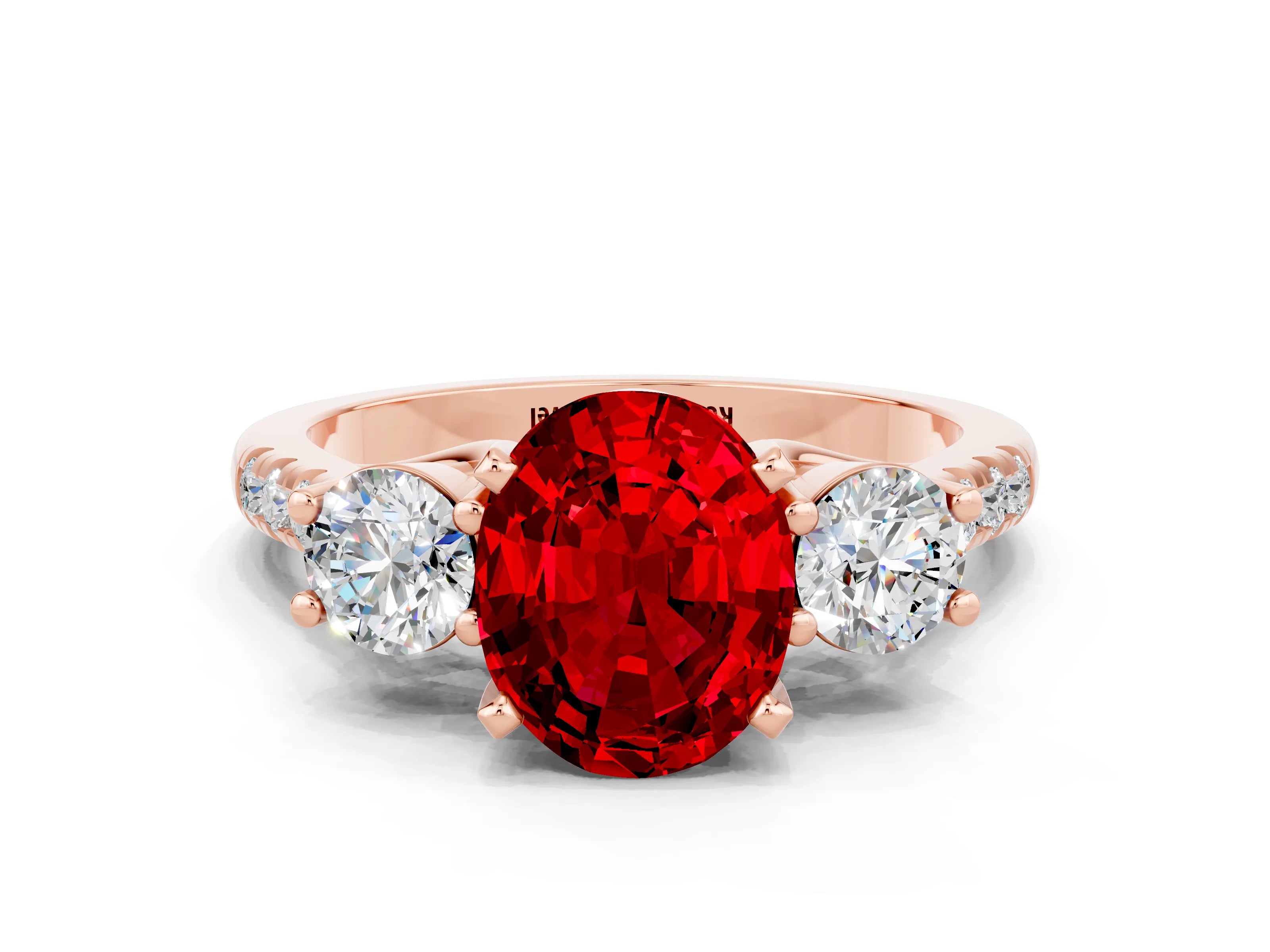 Rose gold Three-Stone Oval Cut Ruby Pavé Band with Four-Prong Setting