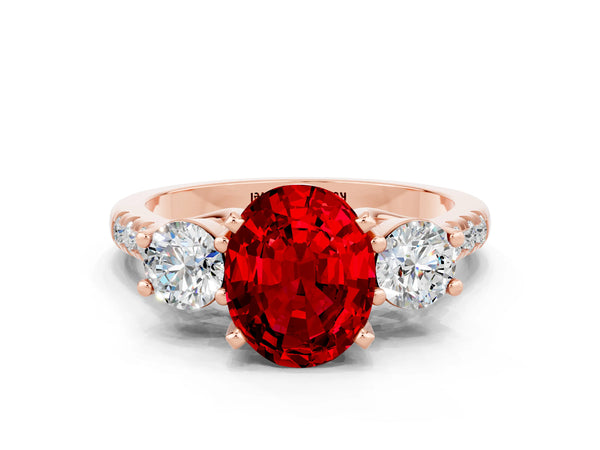 Rose gold Three-Stone Oval Cut Ruby Pavé Band with Four-Prong Setting