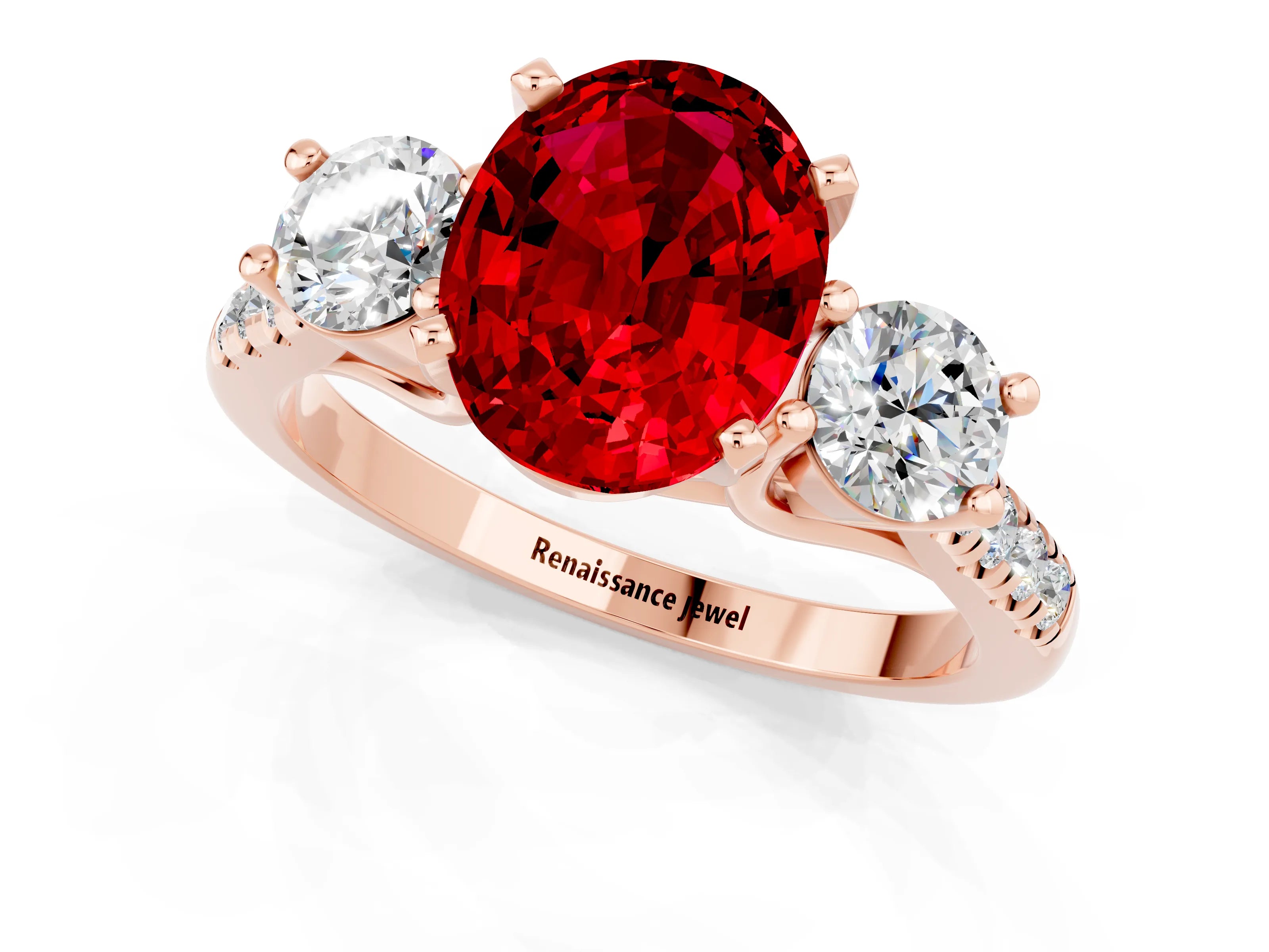 Rose gold Three-Stone Oval Cut Ruby Pavé Band with Four-Prong Setting_1