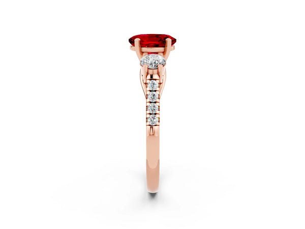Rose gold Three-Stone Oval Cut Ruby Pavé Band with Four-Prong Setting