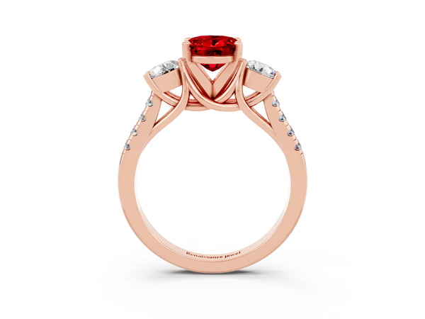 Rose gold Three-Stone Oval Cut Ruby Pavé Band with Four-Prong Setting