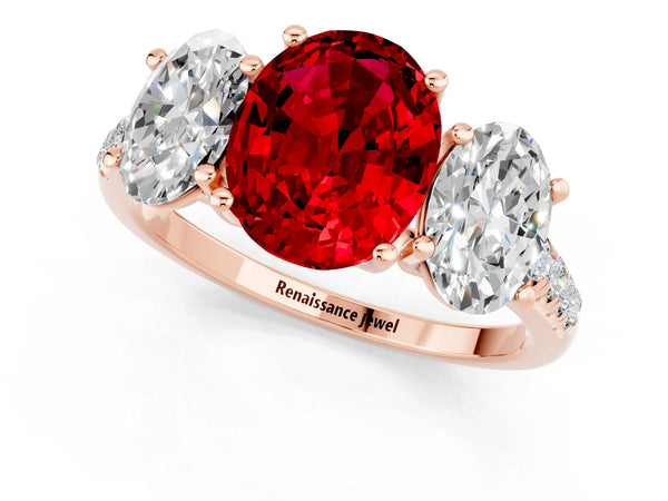 Rose gold Three-Stone Oval Cut Ruby Ring with Round  Pavé Band and Prong Setting