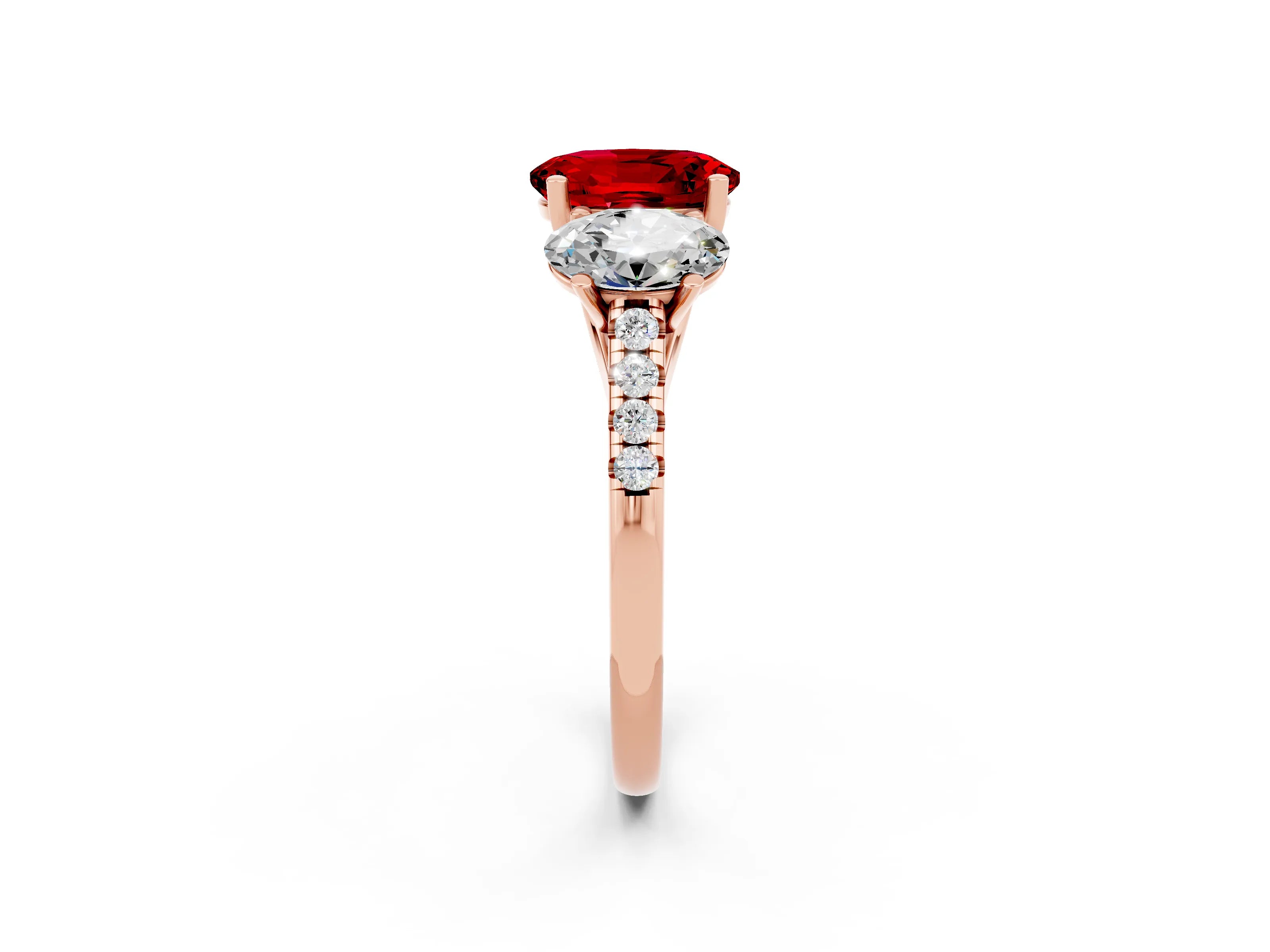 Rose gold Three-Stone Oval Cut Ruby Ring with Pavé Band and Prong Setting_14