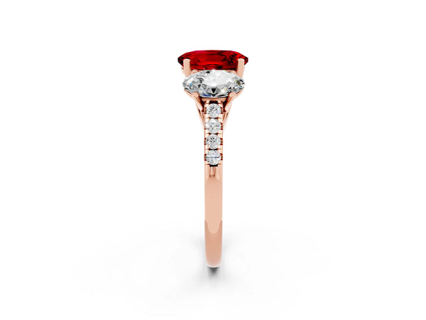 Rose gold Three-Stone Oval Cut Ruby Ring with Round  Pavé Band and Prong Setting