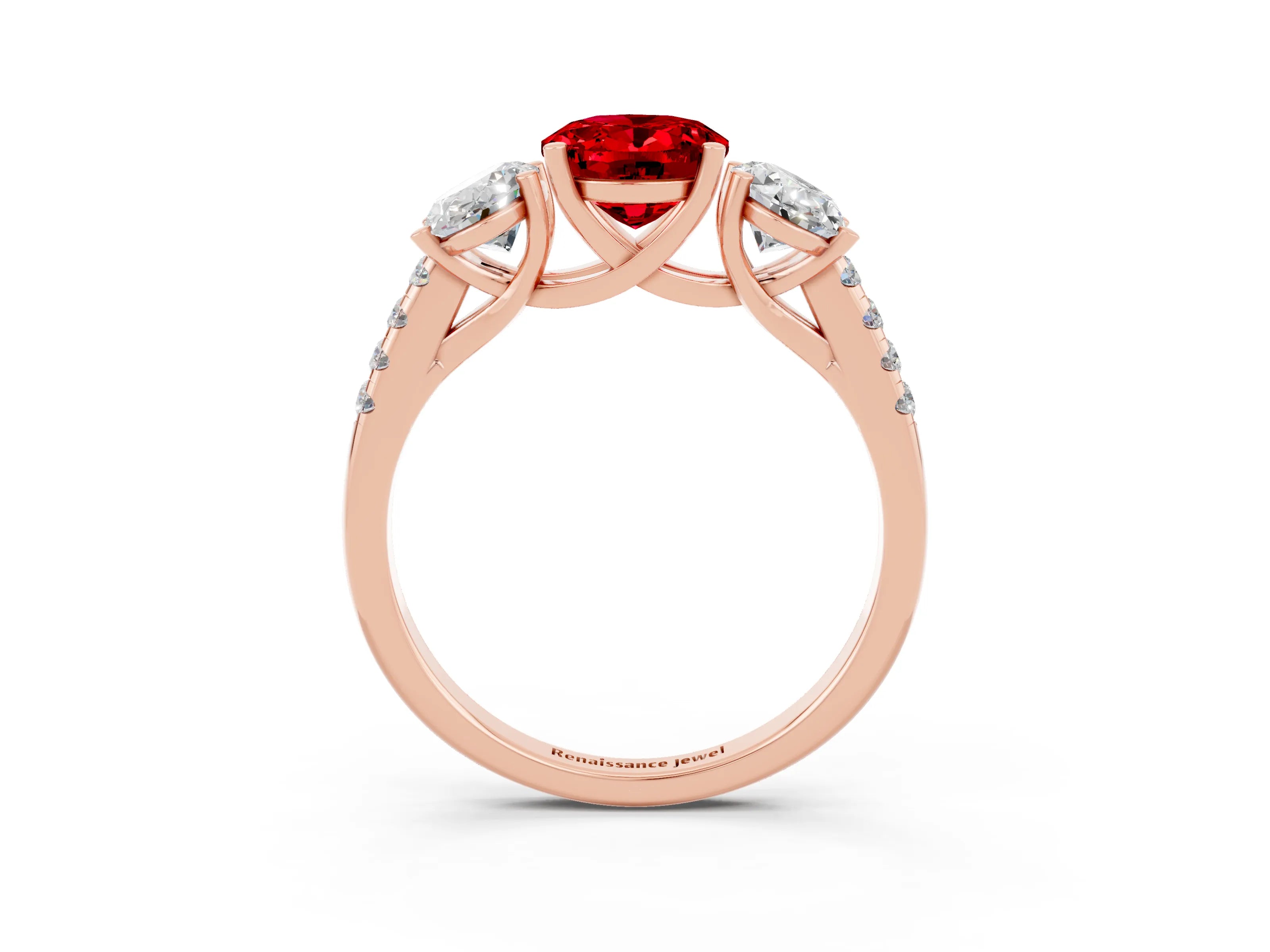Rose gold Three-Stone Oval Cut Ruby Ring with Pavé Band and Prong Setting_15