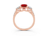 Rose gold Three-Stone Oval Cut Ruby Ring with Pavé Band and Prong Setting_15