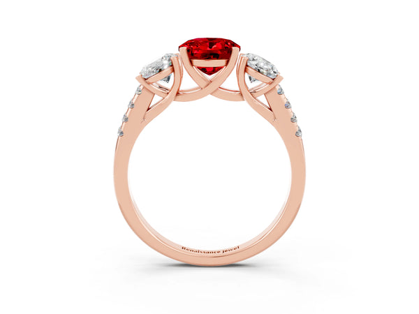 Rose gold Three-Stone Oval Cut Ruby Ring with Round  Pavé Band and Prong Setting