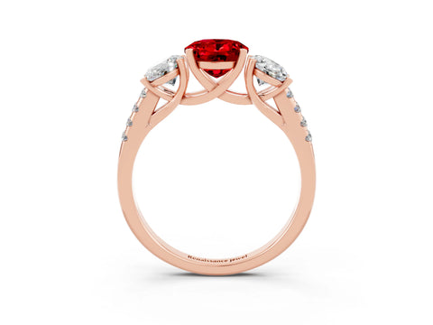 Rose gold Three-Stone Oval Cut Ruby Ring with Pavé Band and Prong Setting_15