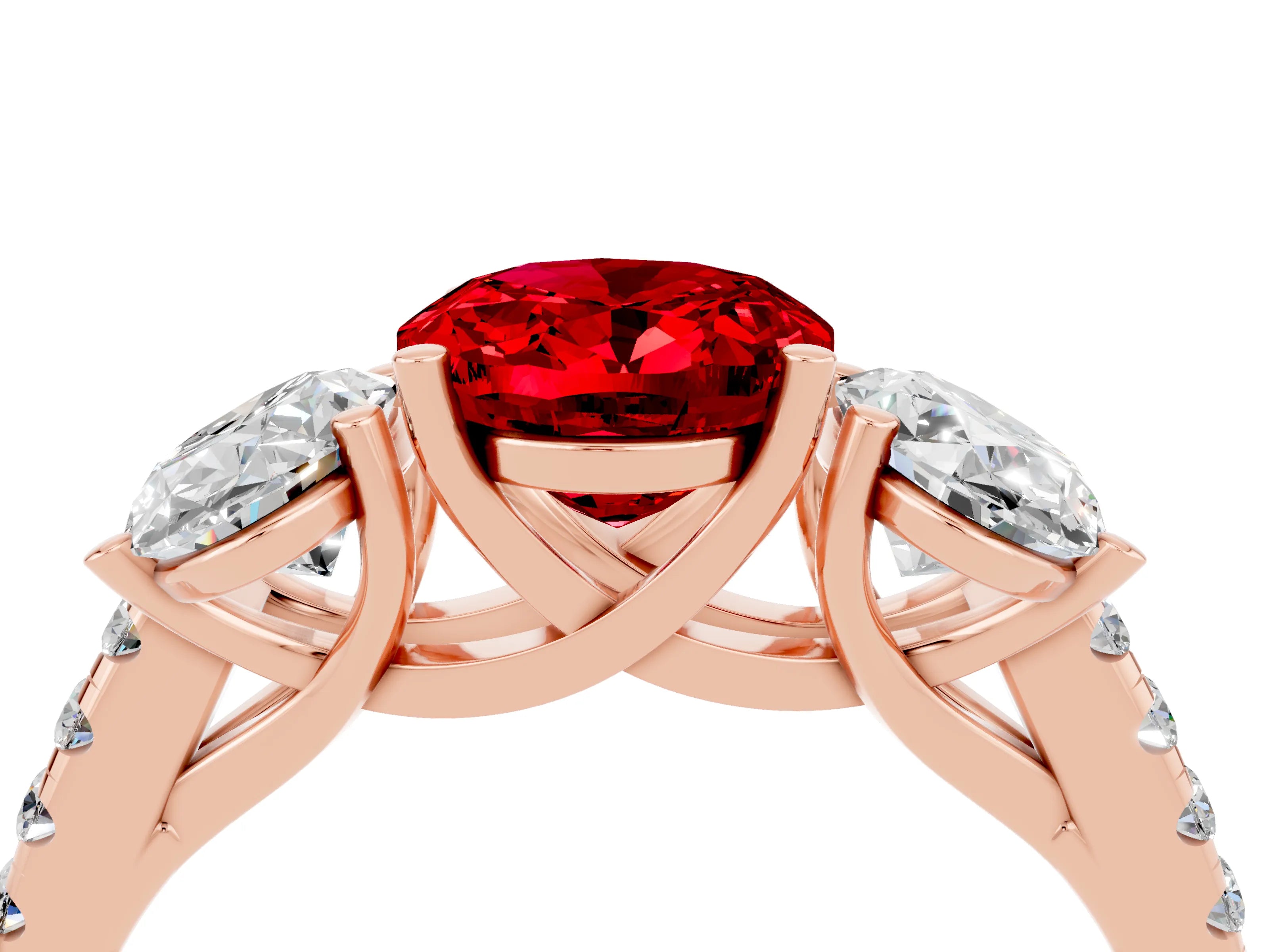 Rose gold Three-Stone Oval Cut Ruby Ring with Pavé Band and Prong Setting_16