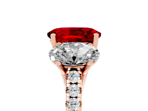 Rose gold Three-Stone Oval Cut Ruby Ring with Pavé Band and Prong Setting_17