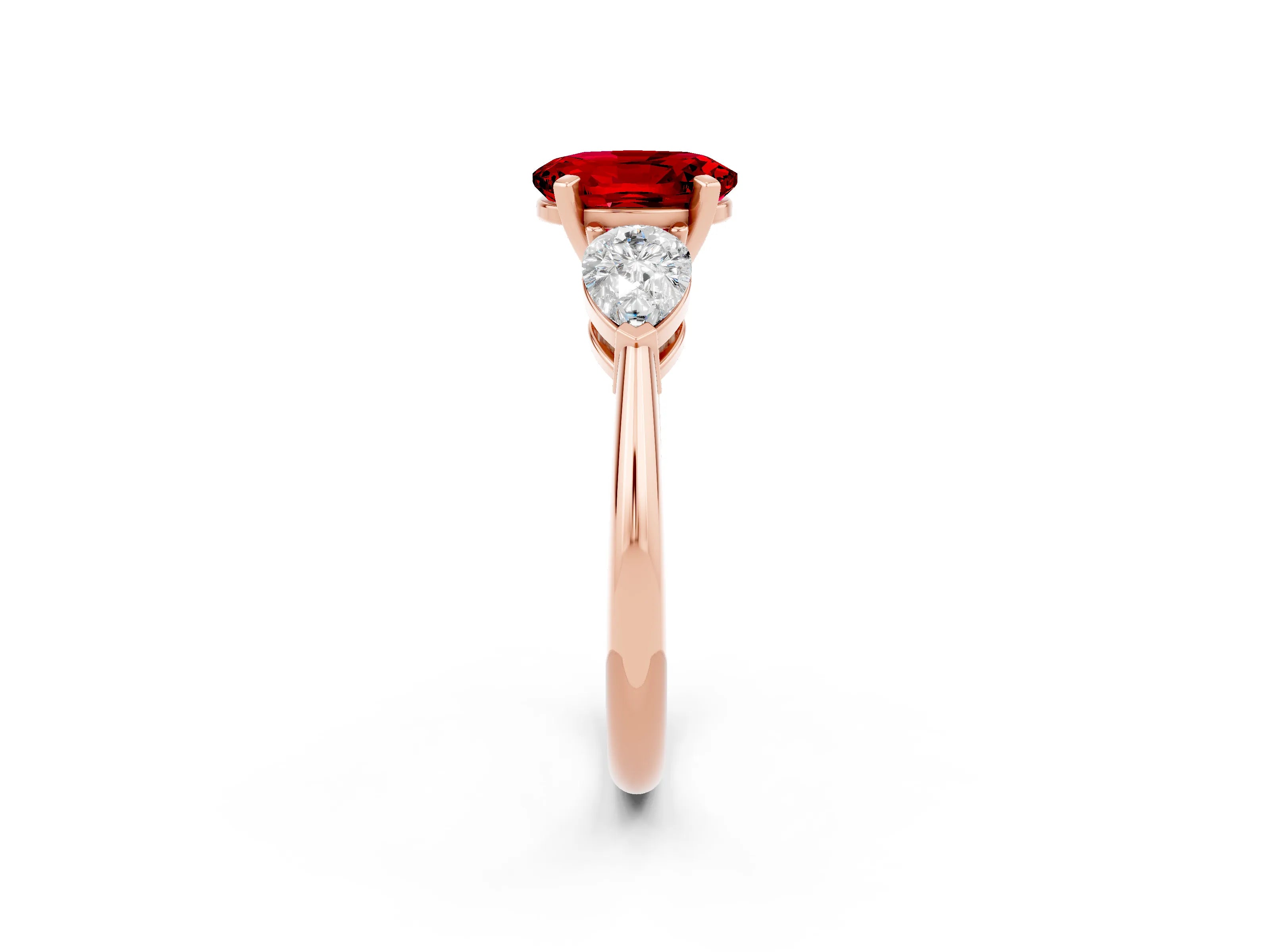 Rose gold Three-Stone Oval Cut Ruby Ring with Pear Side Stones and Four-Prong Setting_2