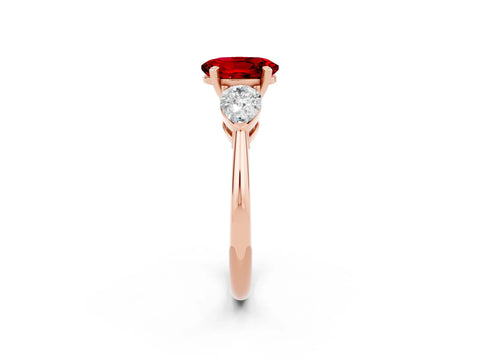 Rose gold Three-Stone Oval Cut Ruby Ring with Pear Side Stones and Four-Prong Setting_2