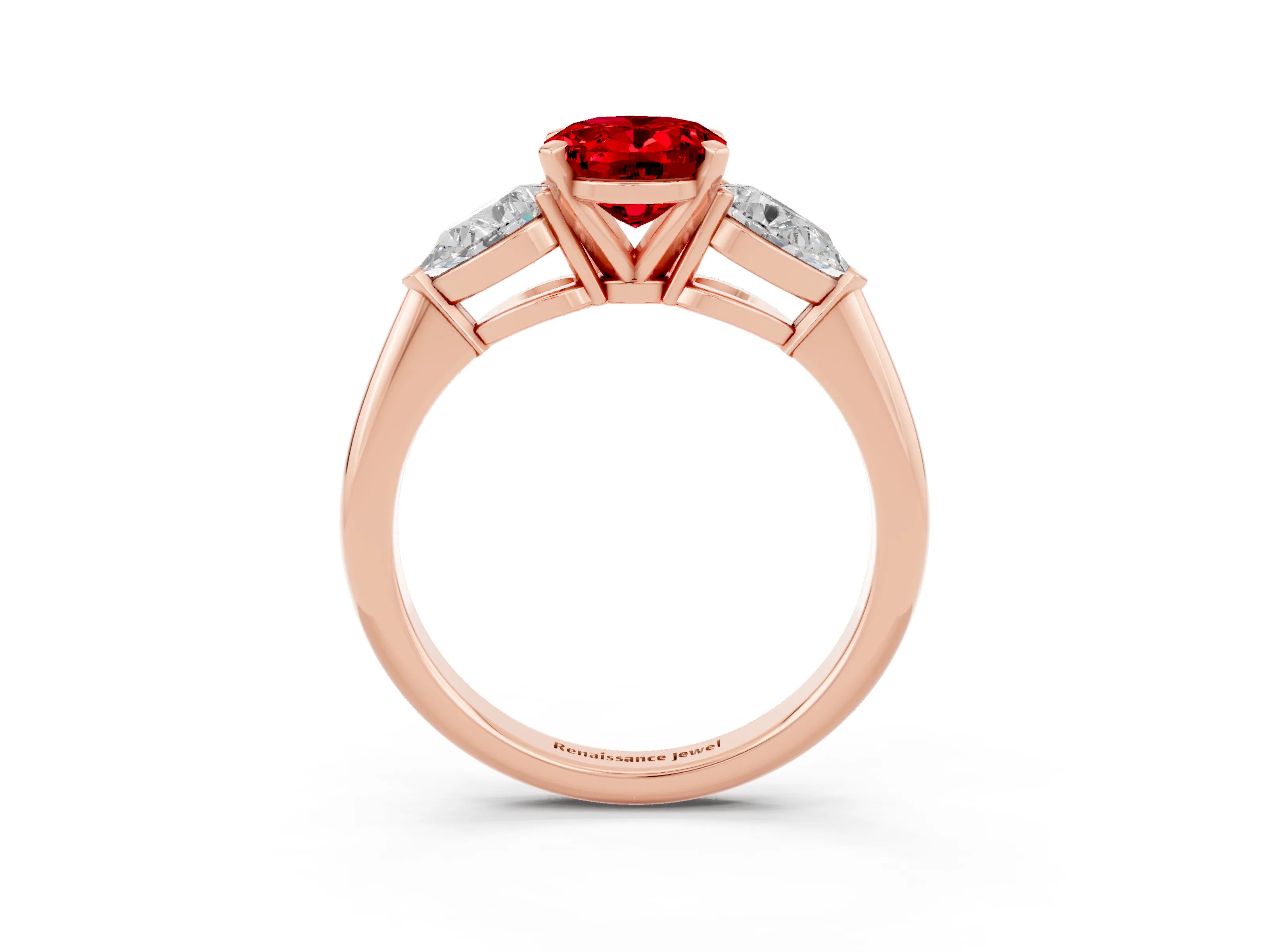 Rose gold Three-Stone Oval Cut Ruby Ring with Pear Side Stones and Four-Prong Setting_3
