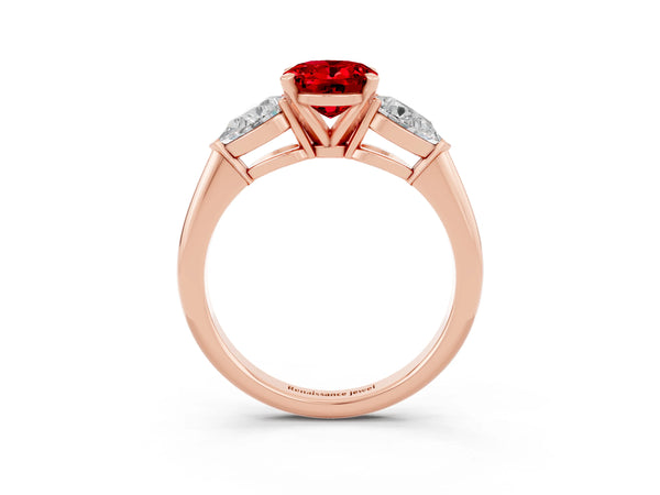 Rose gold Three-Stone Oval Cut Ruby Ring with Pear Side Stones and Four-Prong Setting