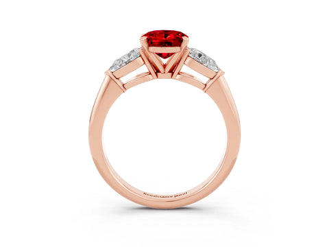 Rose gold Three-Stone Oval Cut Ruby Ring with Pear Side Stones and Four-Prong Setting_3