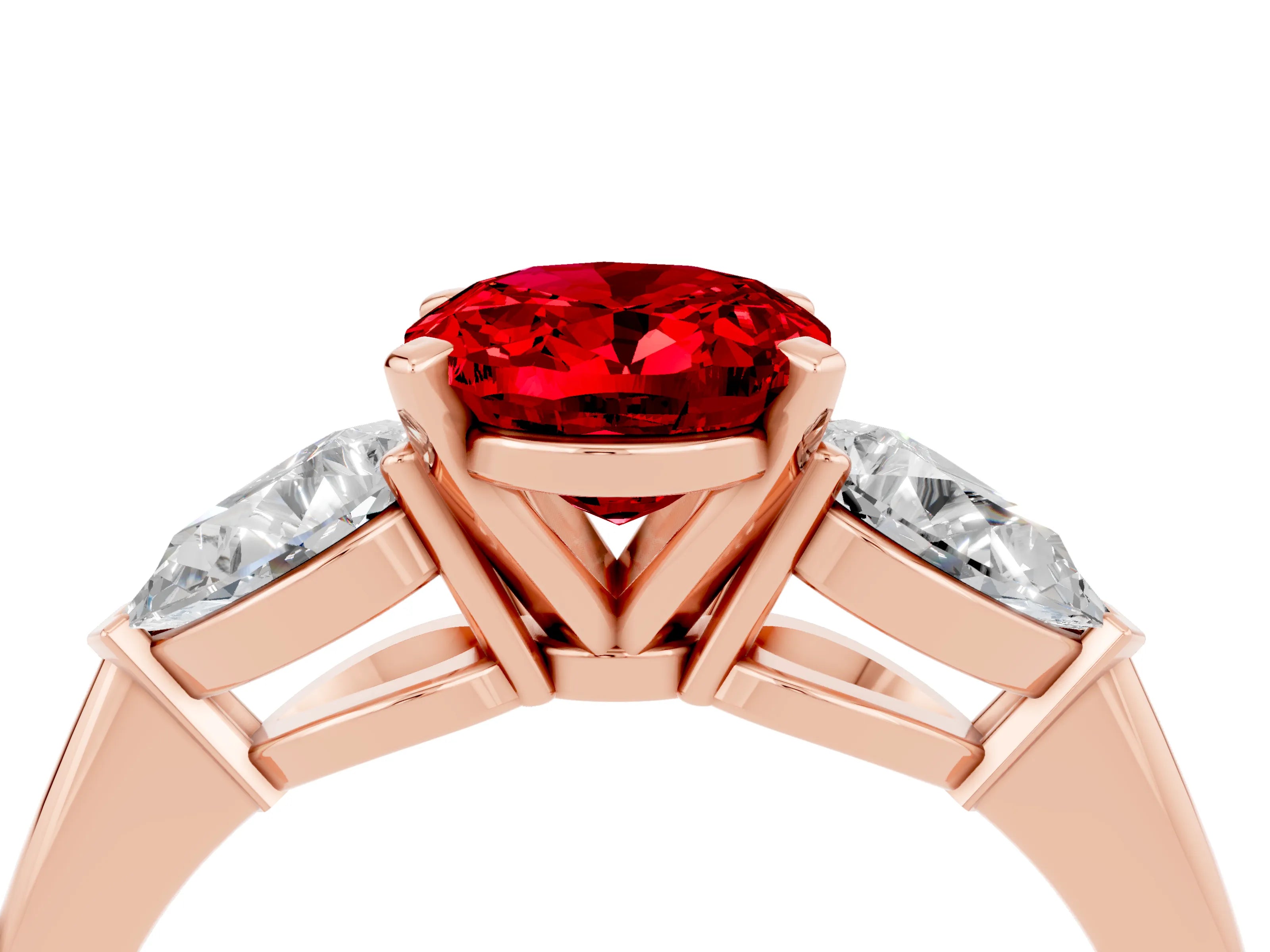 Rose gold Three-Stone Oval Cut Ruby Ring with Pear Side Stones and Four-Prong Setting_4