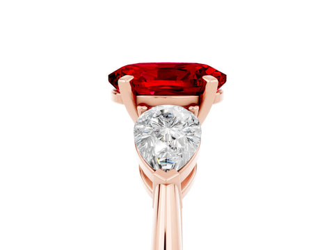 Rose gold Three-Stone Oval Cut Ruby Ring with Pear Side Stones and Four-Prong Setting_5