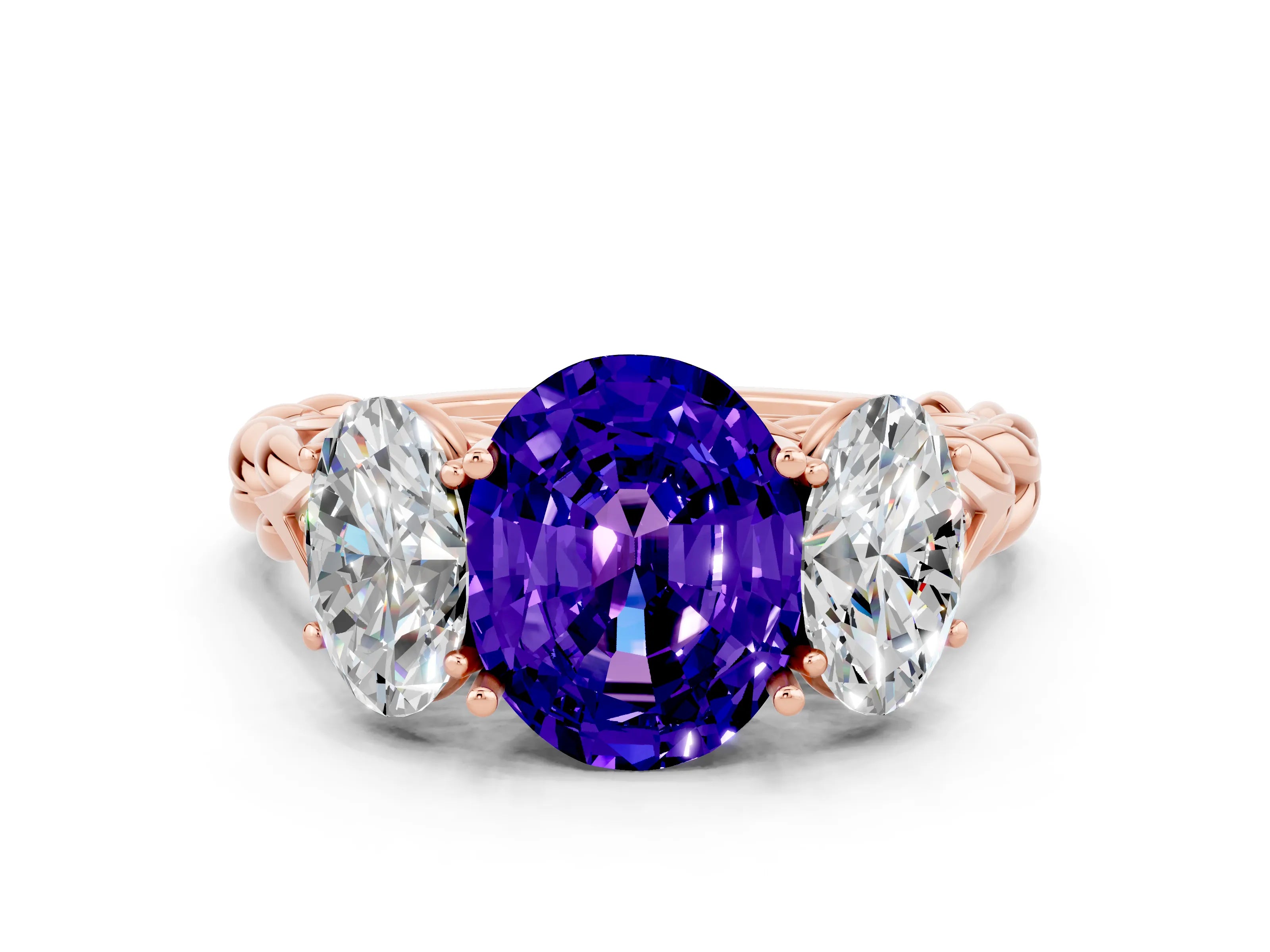 Rose gold Three-Stone Oval Cut Tanzanite Braided Band Ring with Four-Prong Setting_12