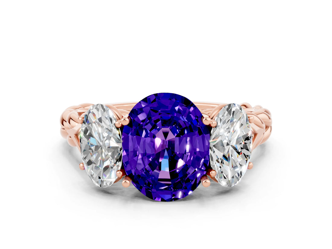 Rose gold Three-Stone Oval Cut Tanzanite Braided Band Ring with Four-Prong Setting_12