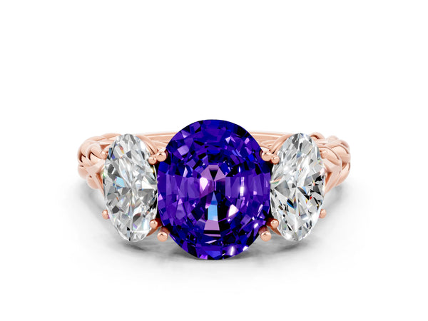Rose gold Three-Stone Oval Cut Tanzanite Braided Band Ring with Four-Prong Setting