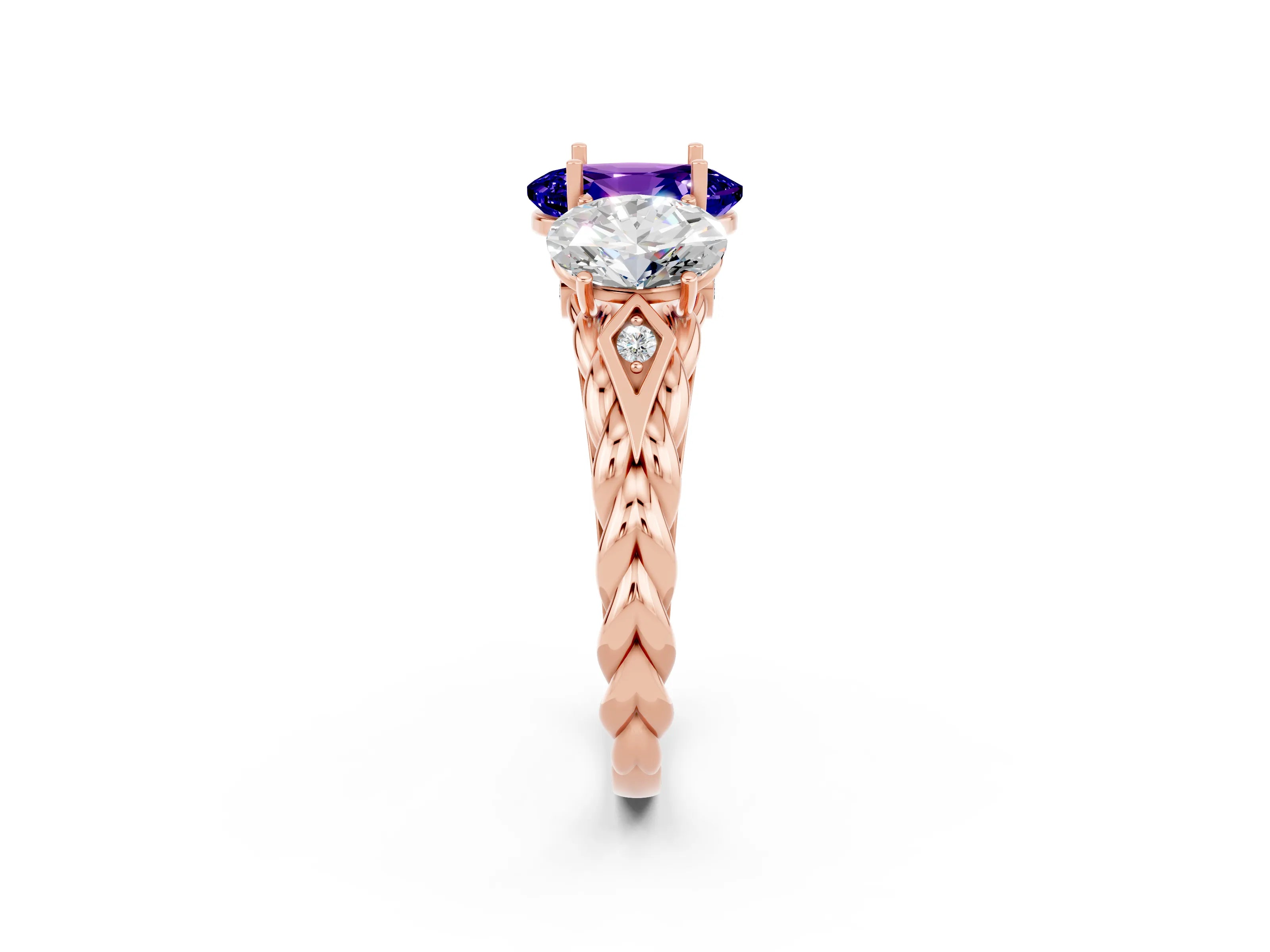 Rose gold Three-Stone Oval Cut Tanzanite Braided Band Ring with Four-Prong Setting_14
