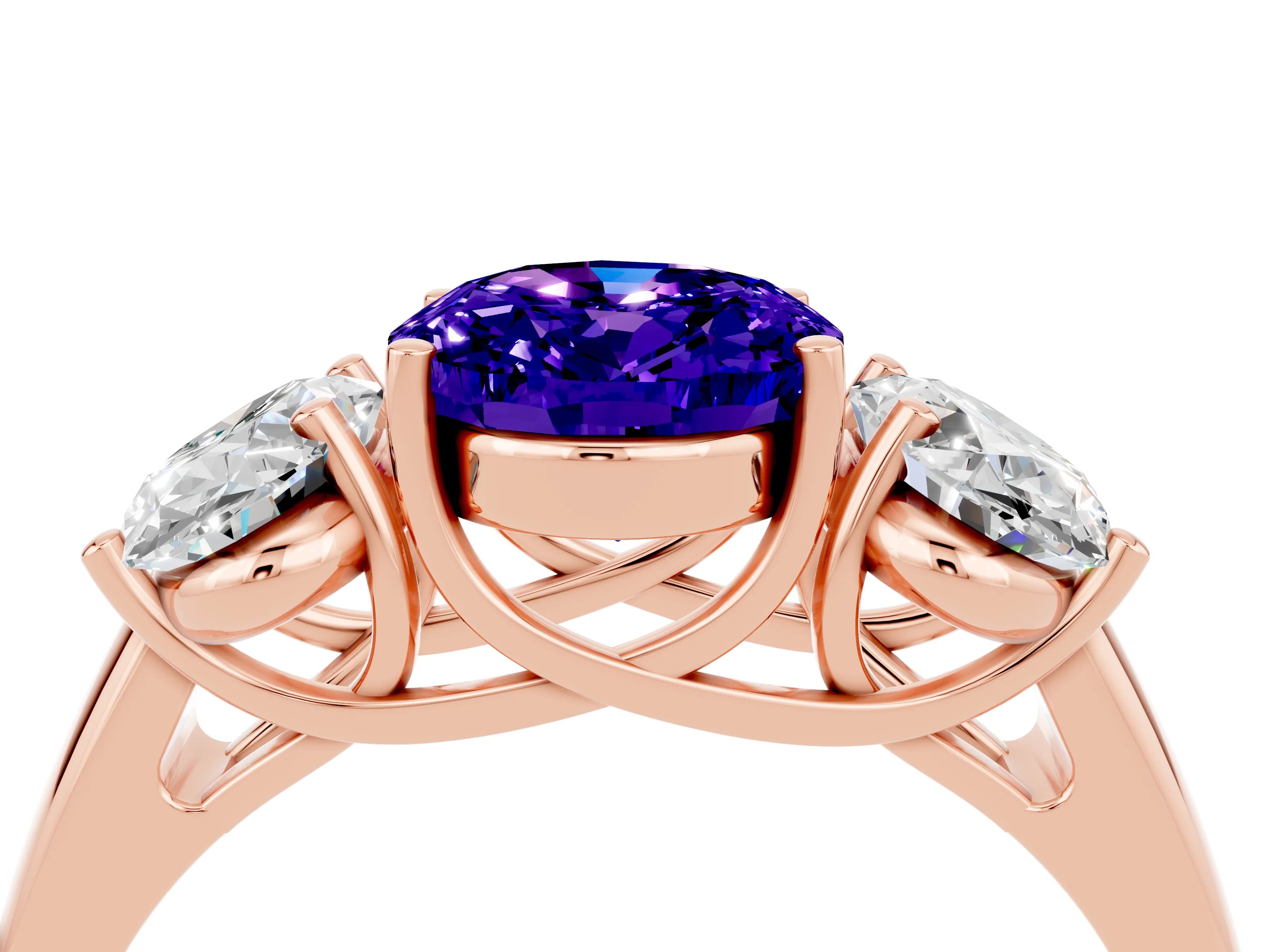 Rose gold Three-Stone Oval Cut Tanzanite Engagement Ring with Prong Setting_4