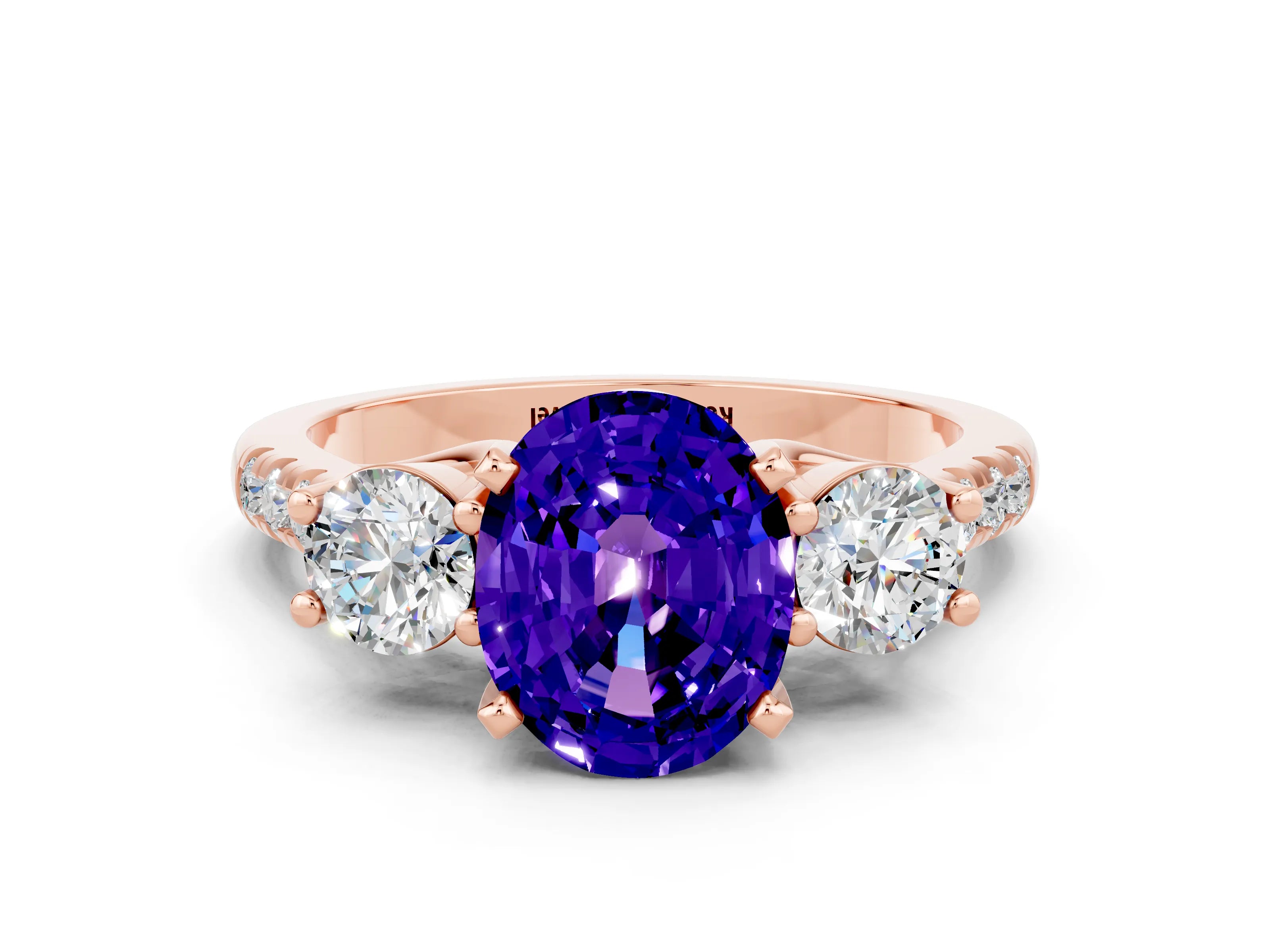 Rose gold Three-Stone Oval Cut Tanzanite Pavé Band with Four-Prong Setting