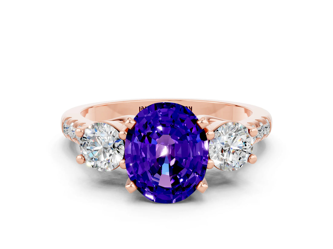 Rose gold Three-Stone Oval Cut Tanzanite Pavé Band with Four-Prong Setting
