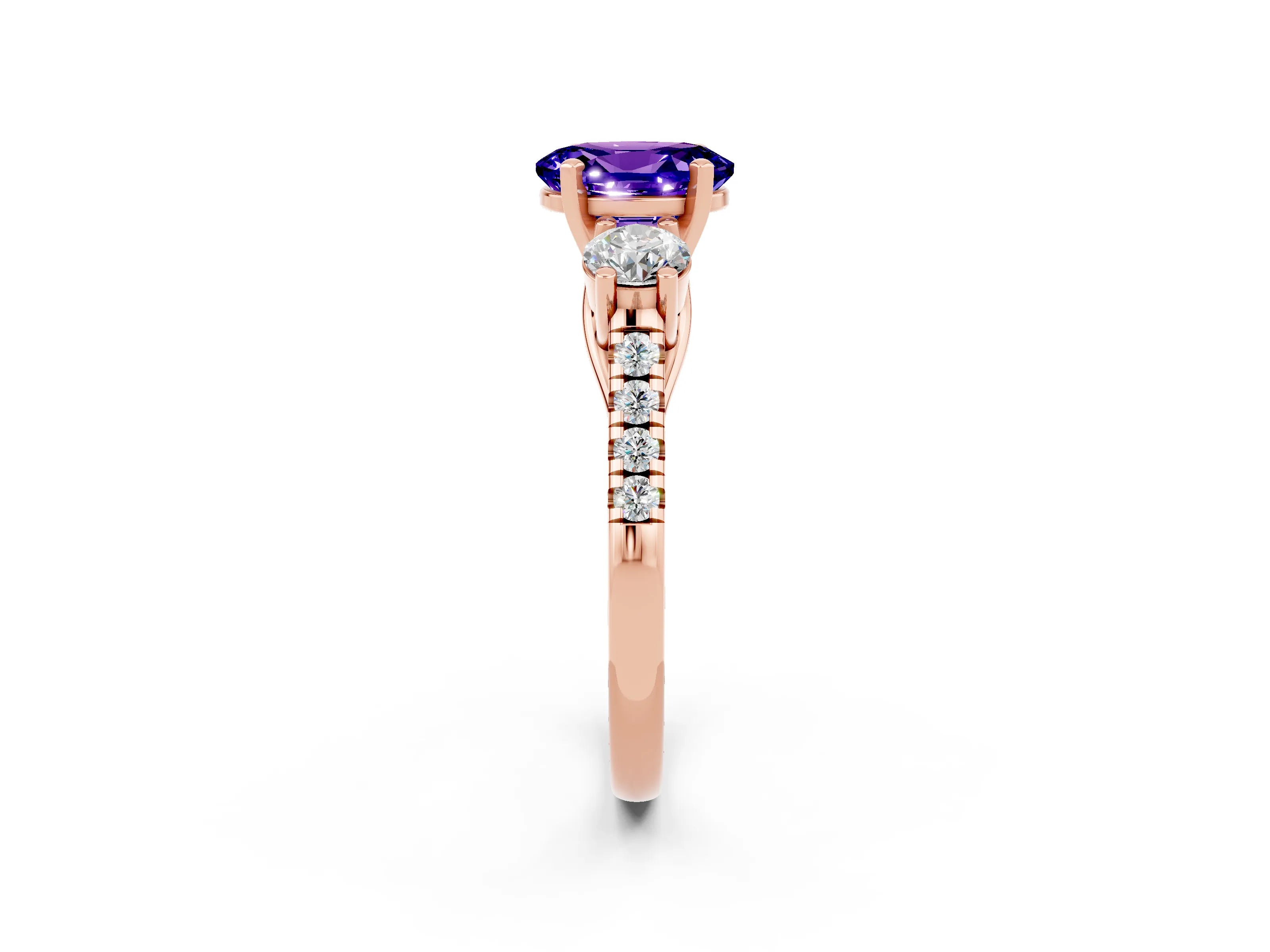 Rose gold Three-Stone Oval Cut Tanzanite Pavé Band with Four-Prong Setting_2