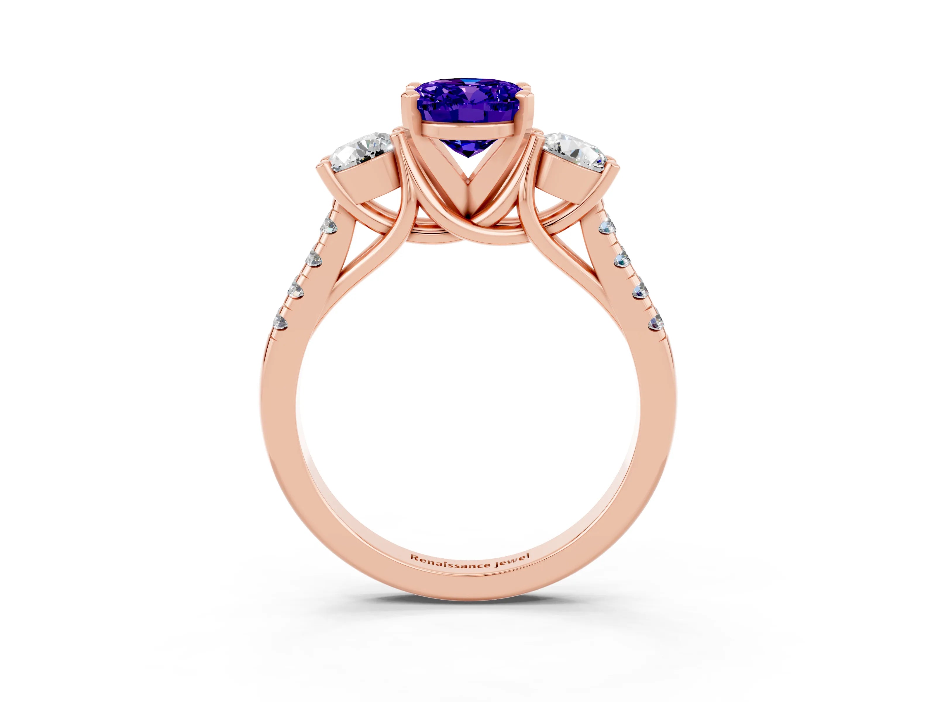 Rose gold Three-Stone Oval Cut Tanzanite Pavé Band with Four-Prong Setting_3