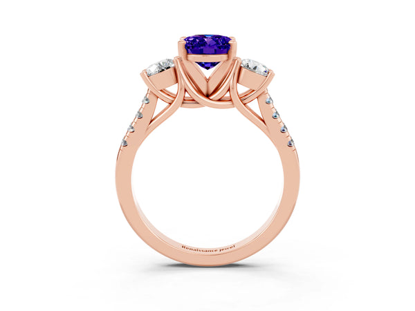 Rose gold Three-Stone Oval Cut Tanzanite Pavé Band with Four-Prong Setting