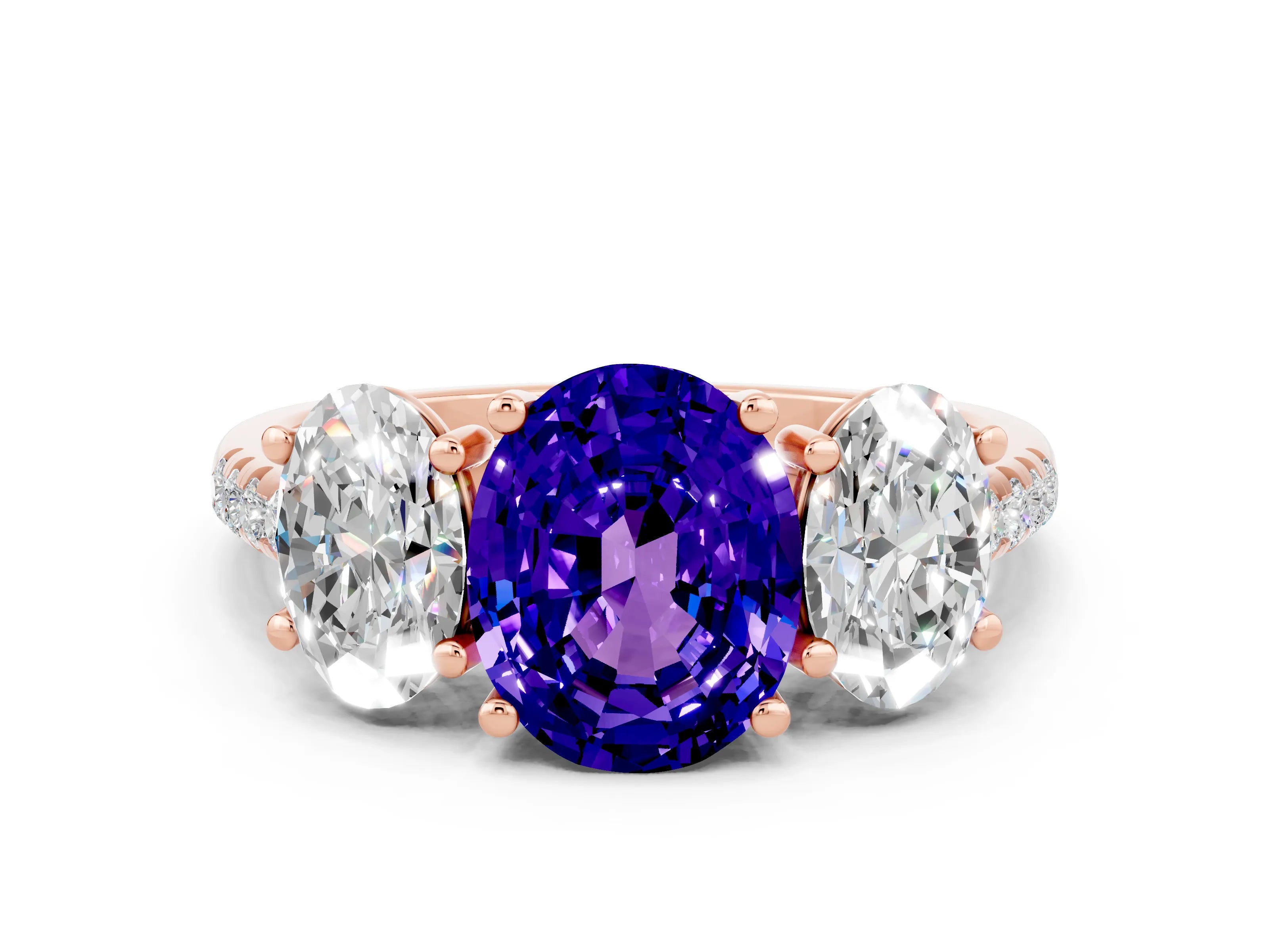 Rose gold Three-Stone Oval Cut Tanzanite Ring with Pavé Band and Prong Setting_12