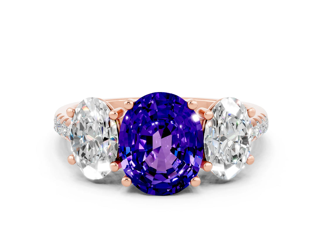 Rose gold Three-Stone Oval Cut Tanzanite Ring with Pavé Band and Prong Setting_12