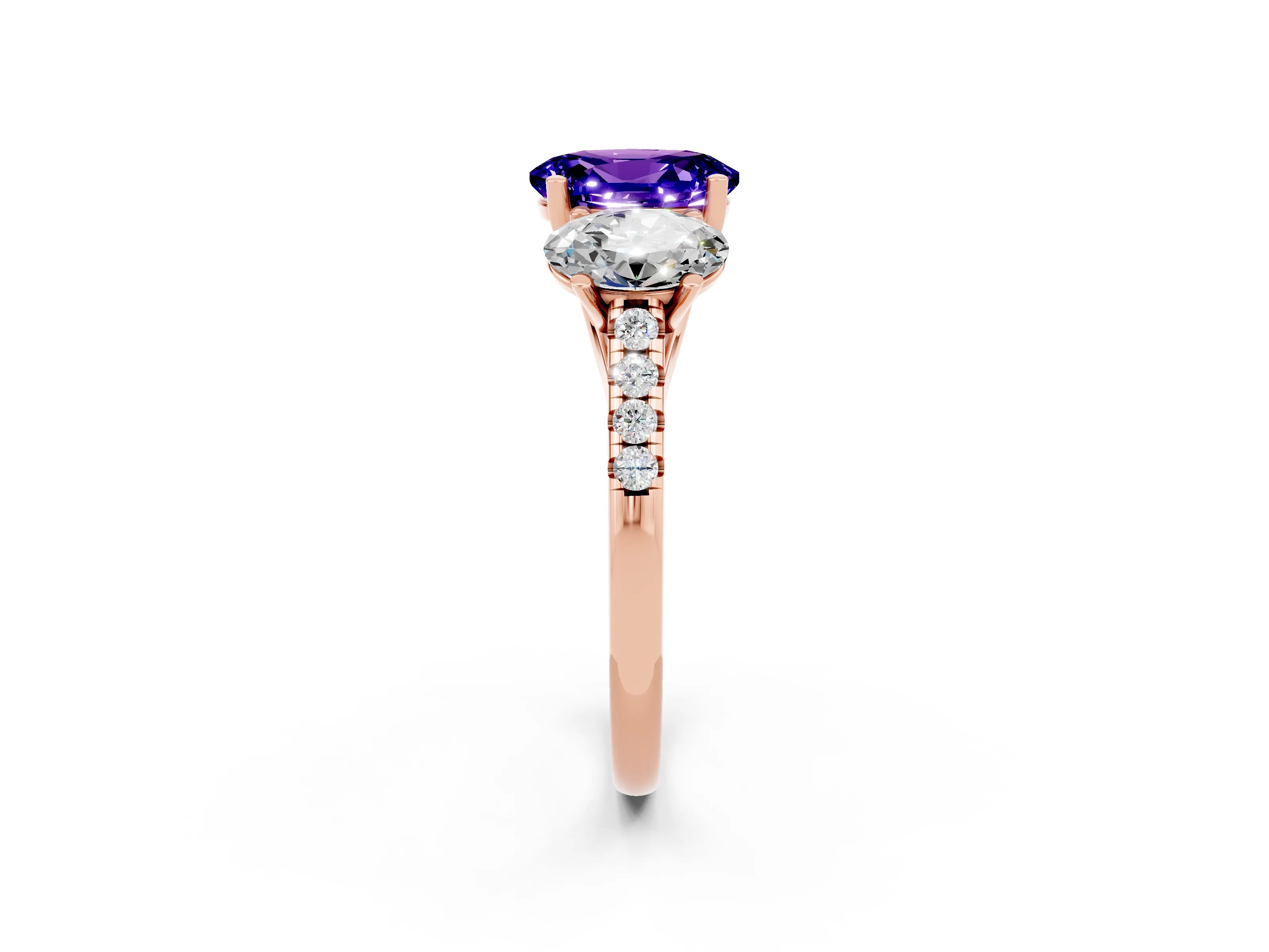 Rose gold Three-Stone Oval Cut Tanzanite Ring with Pavé Band and Prong Setting_14