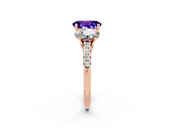 Rose gold Three-Stone Oval Cut Tanzanite Ring with Round  Pavé Band and Prong Setting