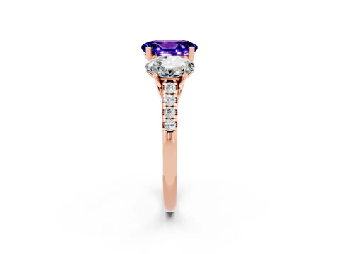Rose gold Three-Stone Oval Cut Tanzanite Ring with Pavé Band and Prong Setting_14