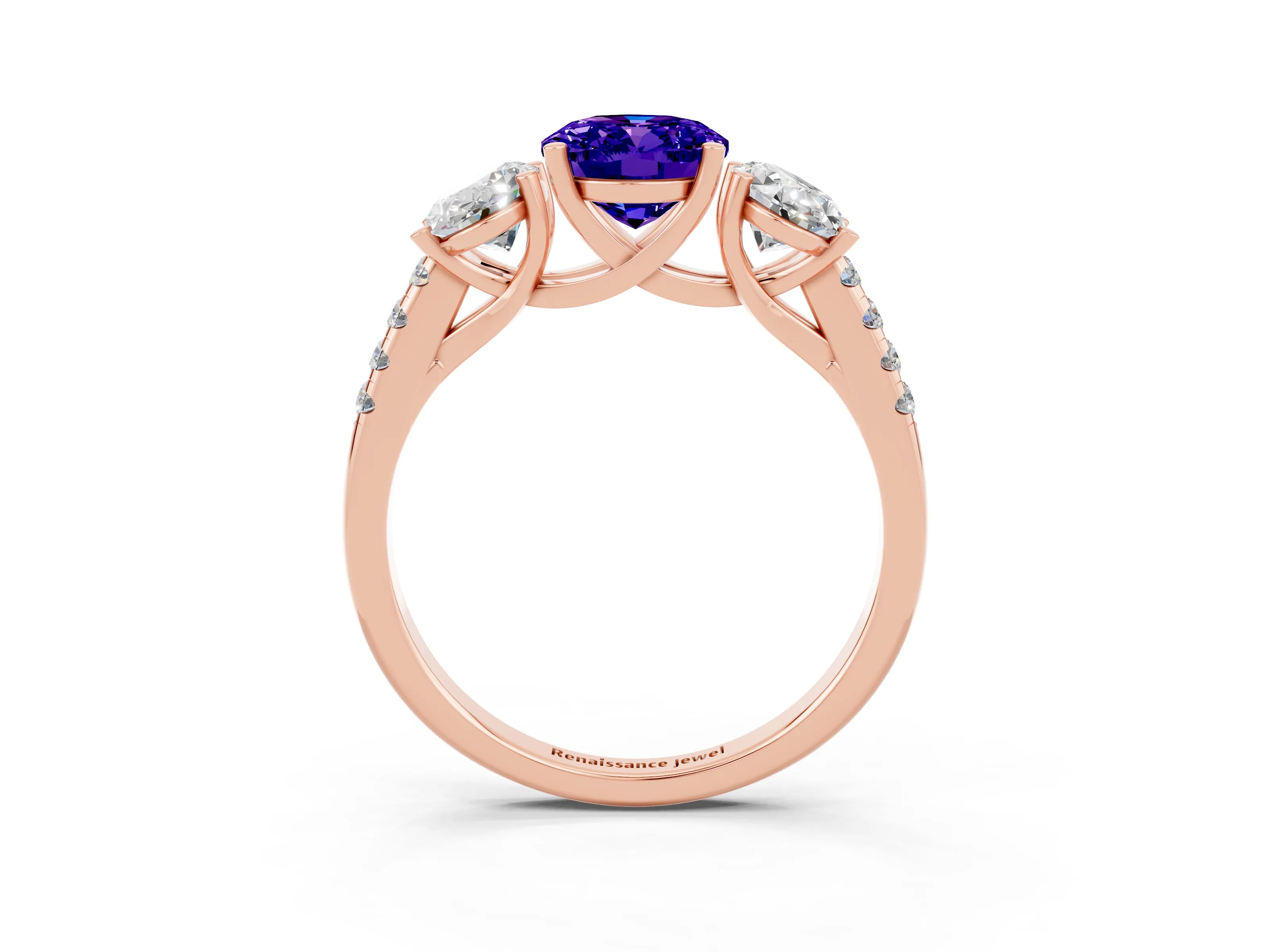 Rose gold Three-Stone Oval Cut Tanzanite Ring with Pavé Band and Prong Setting_15