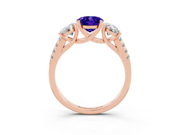 Rose gold Three-Stone Oval Cut Tanzanite Ring with Round  Pavé Band and Prong Setting