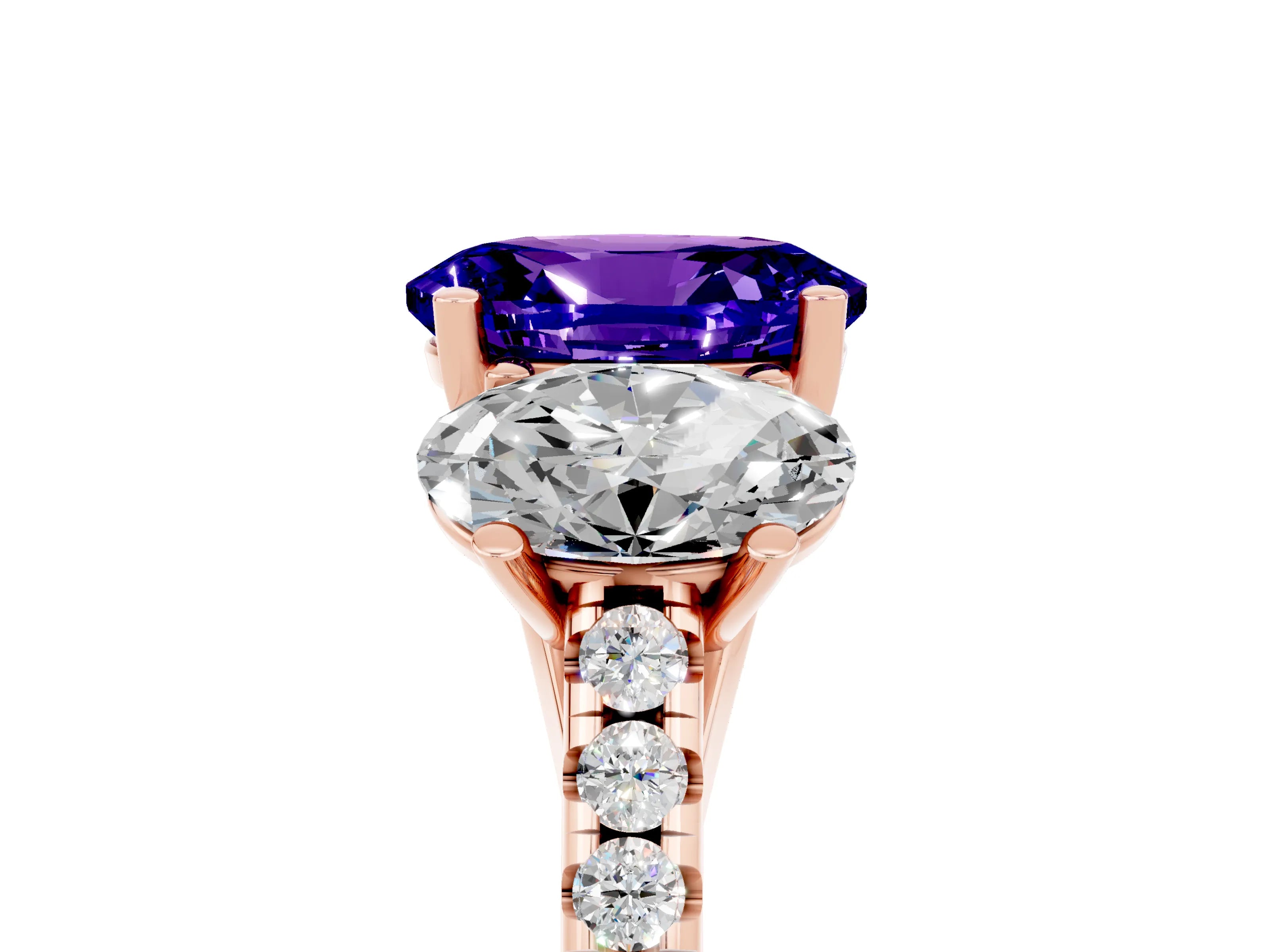 Rose gold Three-Stone Oval Cut Tanzanite Ring with Pavé Band and Prong Setting_17