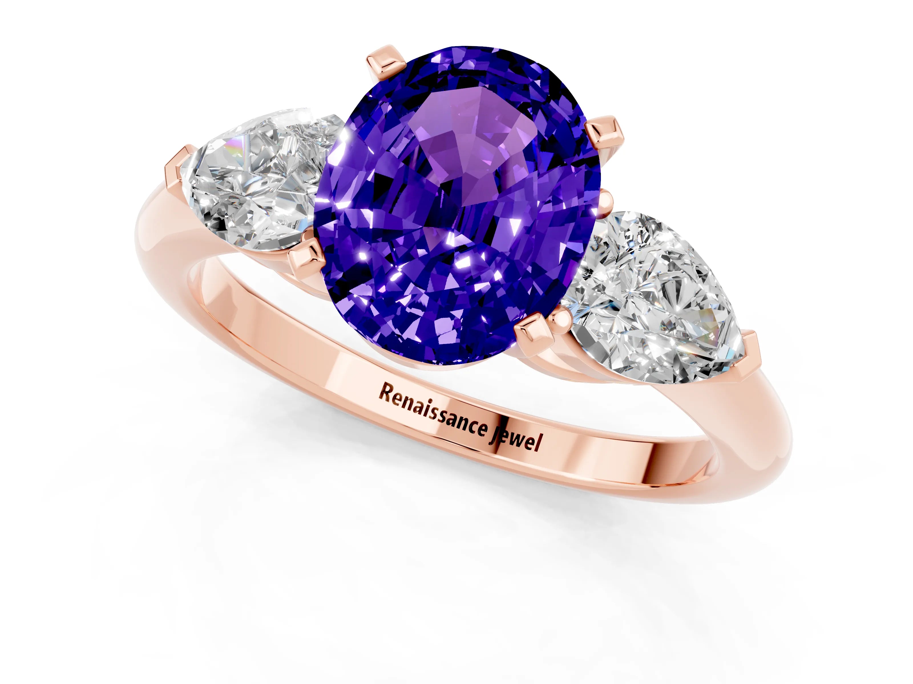 Rose gold Three-Stone Oval Cut Tanzanite Ring with Pear Side Stones and Four-Prong Setting_1